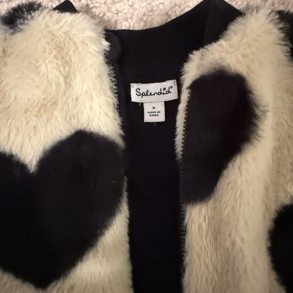 Splendid Cream and Black Faux Fur Heart-Print Jacket